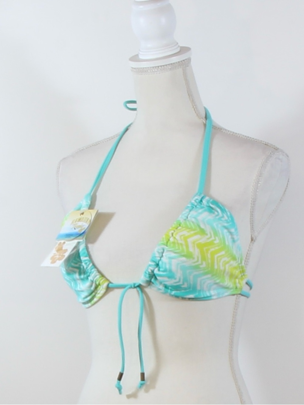 Hawaiian Tropic Turquoise & Lime Chevron Triangle Bikini Top Size L 12-14 NWT